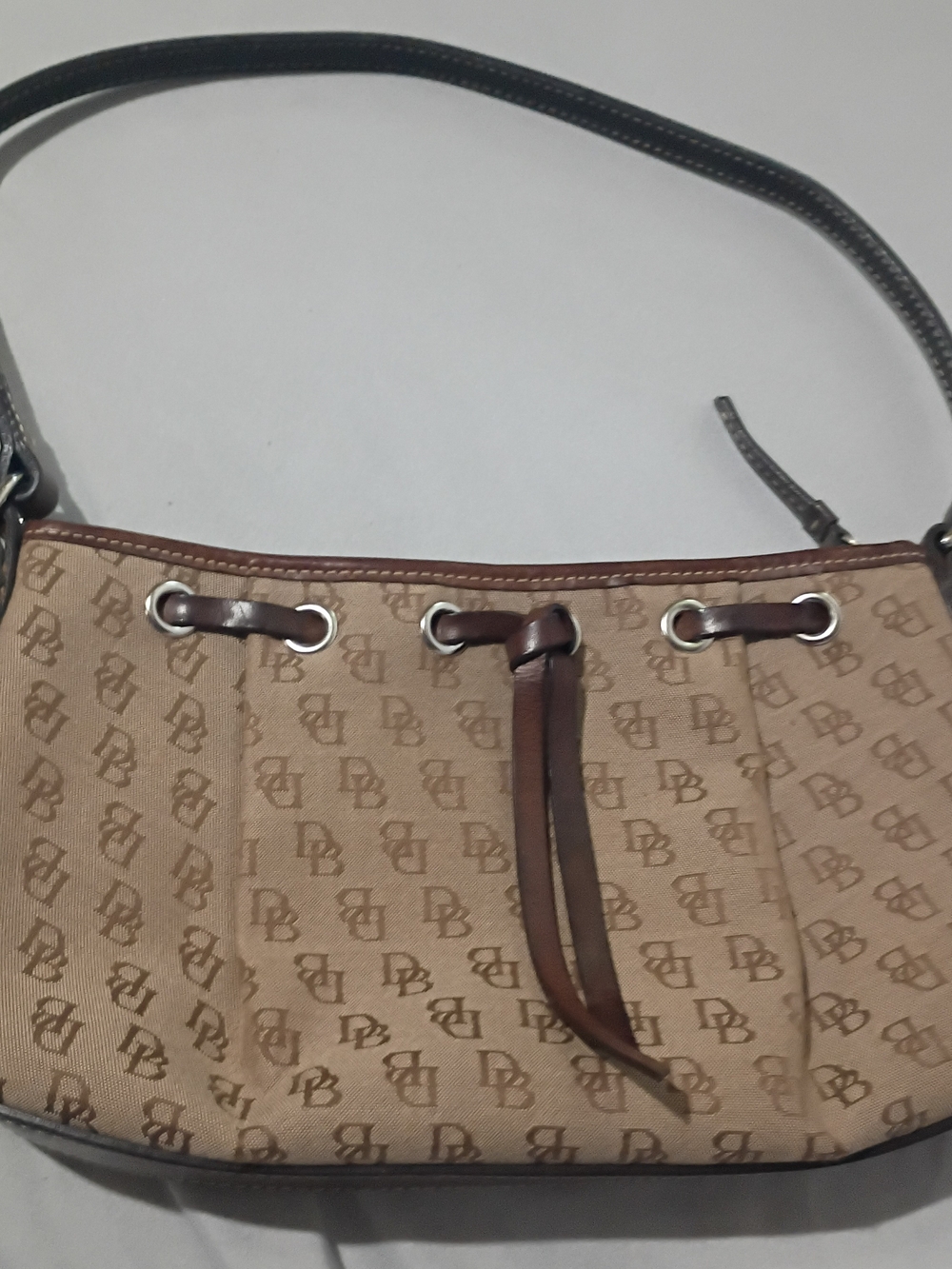Dooney & Bourke Vintage Tan Monogram Shoulder Bag with Brown Trim